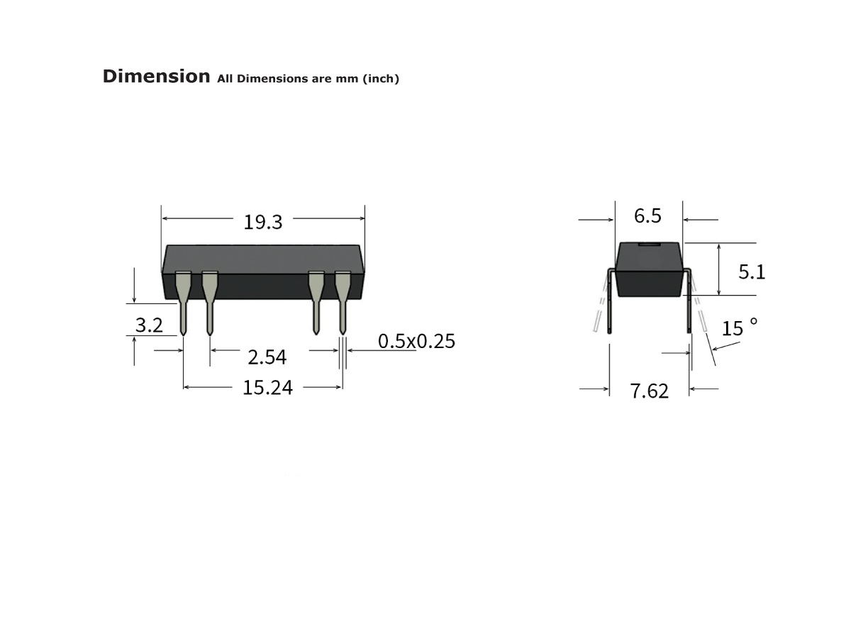 Technical drawing of a DIP Series Reed Relay electronic component with dimensions: length 19.3 mm, height 6.5 mm, width 7.62 mm, pin spacing 2.54 mm, and a 15° pin angle. All measurements are in millimeters. by Standex Detect