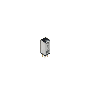 A small rectangular electronic component, likely an FS Series Reed Relay, with a silver metal casing, black ends, and two gold pins at the bottom, isolated on a white background. by Standex Detect