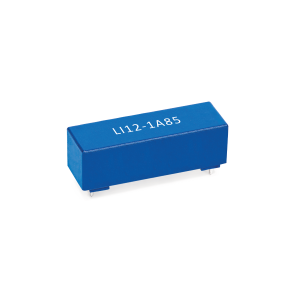 A blue rectangular electronic component from the LI Series with four metal pins and white text L112-1A85 printed on top, set against a white background&mdash;an example of a high-quality LI Series Reed Relay. by Standex Detect