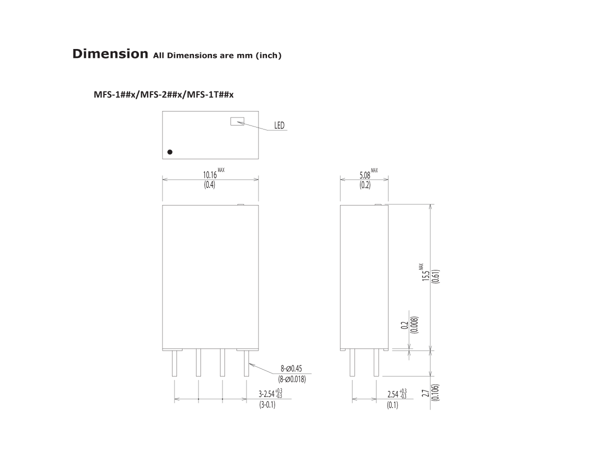 Technical drawing of an MFS Series Reed Relay labeled MFS-1#H#/2#H#/1T#H#, with dimensions in millimeters and inches. Side and front views, pin layouts, and LED position are clearly indicated. by Standex Detect