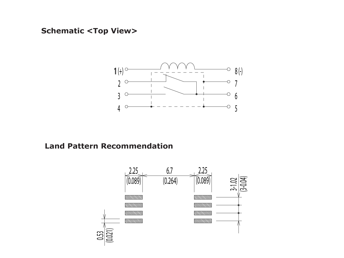 Top: Schematic (top view) of an 8-pin MH Series Reed Relay with an inductor symbol. Bottom: Land pattern recommendation with detailed pin spacing, dimensions, and measurements in inches and millimeters. by Standex Detect