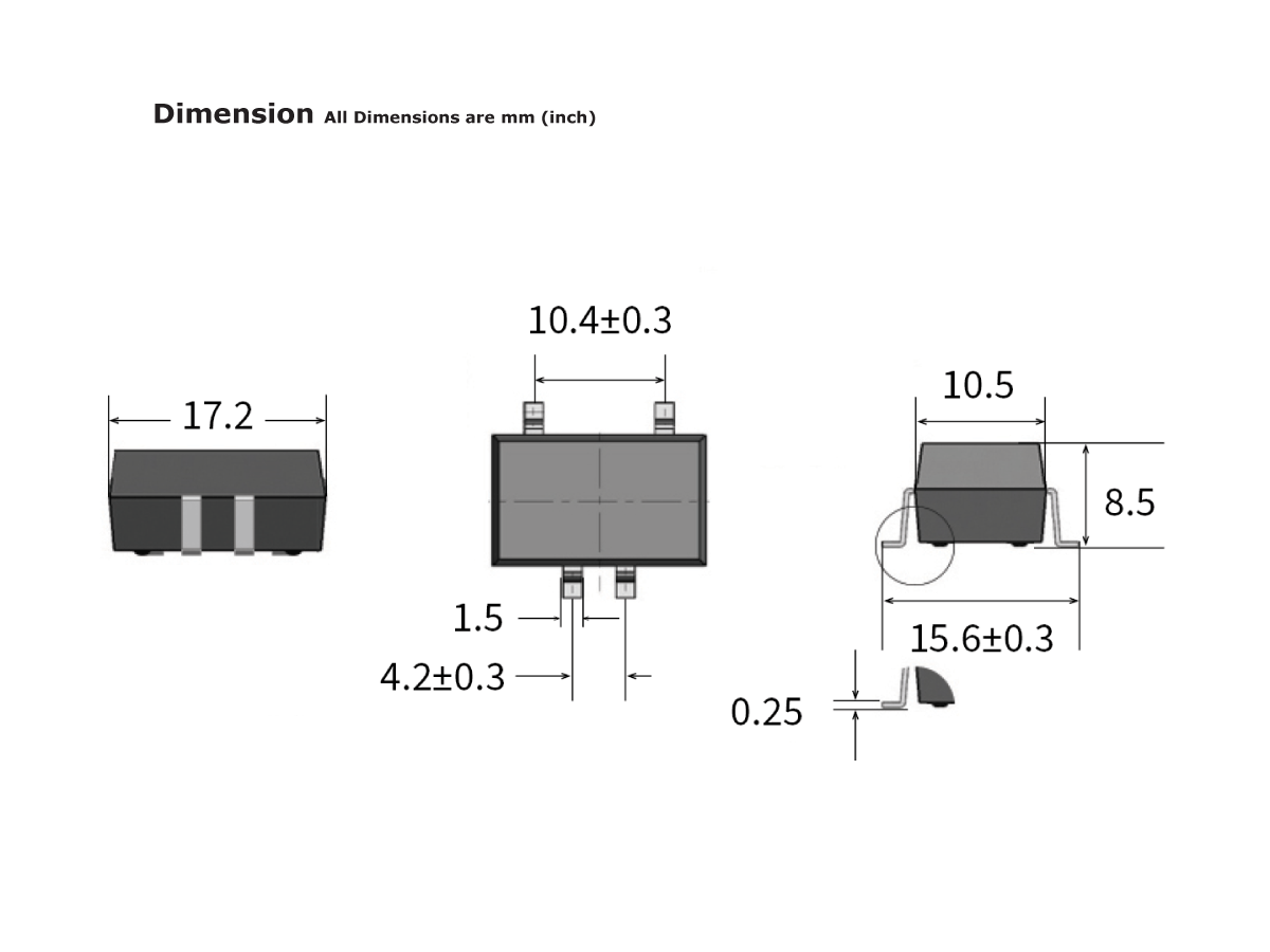 Technical drawing of an MHV Series Reed Relay electronic component with three views, showing dimensions in millimeters: width 17.2 mm, length 10.4 mm, height 10.5 mm, various labeled distances, and tolerance values. by Standex Detect