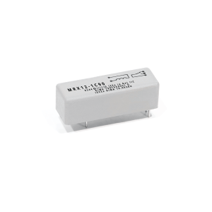 A rectangular white electronic component from the MRX Series, featuring four metal pins and black printed text and symbols on the top, photographed against a white background. by Standex Detect