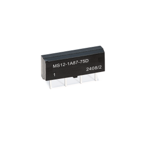 A black rectangular electronic component, likely an MS Series Reed Relay, with four metal pins and white labeling that reads MS12-1A87-75D 1 2408/2, isolated on a white background. by Standex Detect