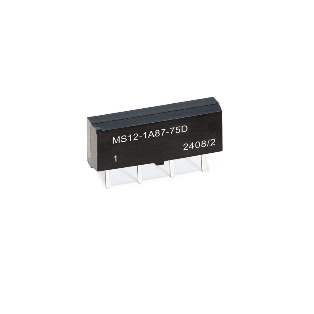 A black rectangular electronic component, likely an MS Series Reed Relay, with four metal pins and white labeling that reads MS12-1A87-75D 1 2408/2, isolated on a white background. by Standex Detect