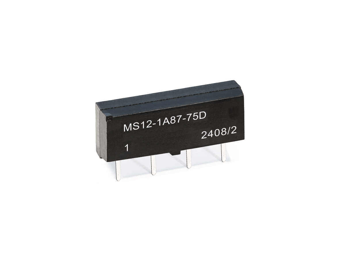 A black rectangular electronic component from the MS Series, this Reed Relay features four metal pins and white printed text reading MS12-1A87-75D 1 2408/2. The component is photographed against a white background. by Standex Detect