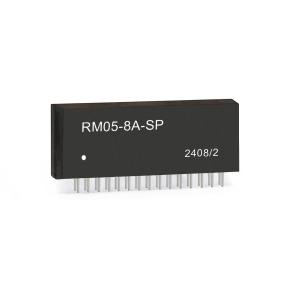 A black electronic integrated circuit chip from the RM05-8A-SP Series, labeled Reed Relay, features multiple metal pins protruding from the bottom and the number 2408/2 printed on the right. by Standex Detect