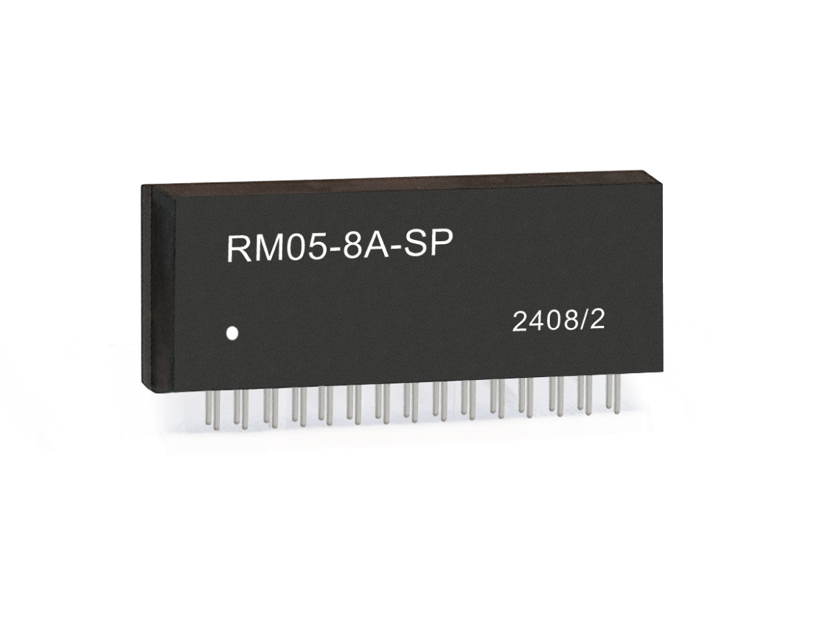 A black rectangular Reed Relay from the RM05-8A-SP Series, labeled 2408/2, with metal pins protruding from the bottom for connection to a circuit board. by Standex Detect