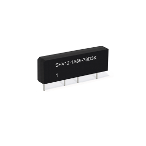 A black rectangular electronic component from the SHV Series, this Reed Relay features four metal pins underneath and white alphanumeric text &ldquo;SHV12-1A85-78D3K 1&rdquo; on top, typically used in electronic circuits. by Standex Detect