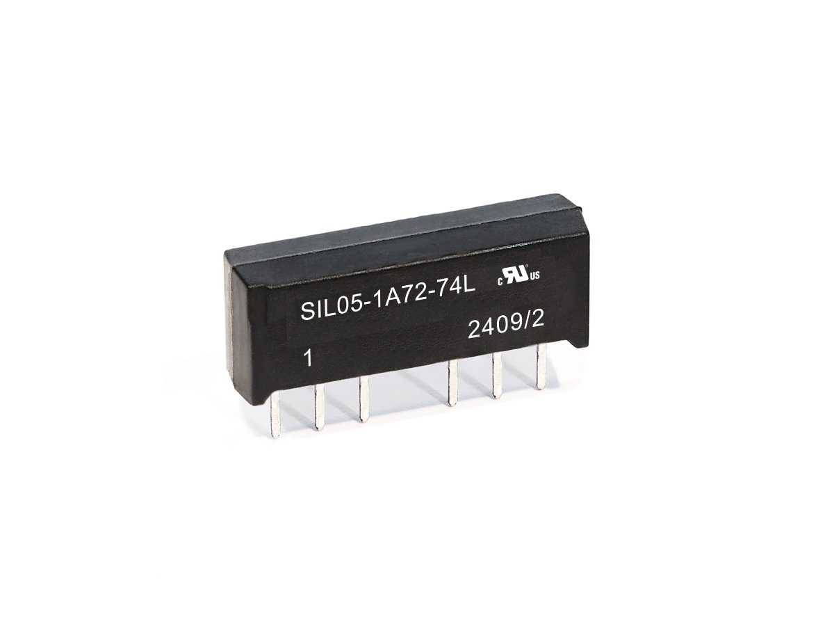 A black rectangular electronic component from the SIL RF Series with eight metal pins, labeled SIL05-1A72-74L and 2409/2, is shown on a white background. This Reed Relay is ideal for precise signal switching. by Standex Detect