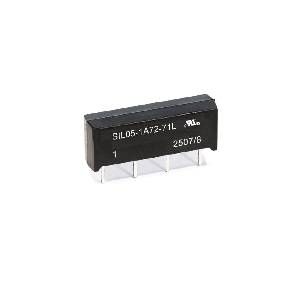 A black SIL Series Reed Relay electronic component with four metal pins, labeled SIL05-1A72-71L and other technical markings, is shown on a white background. by Standex Detect