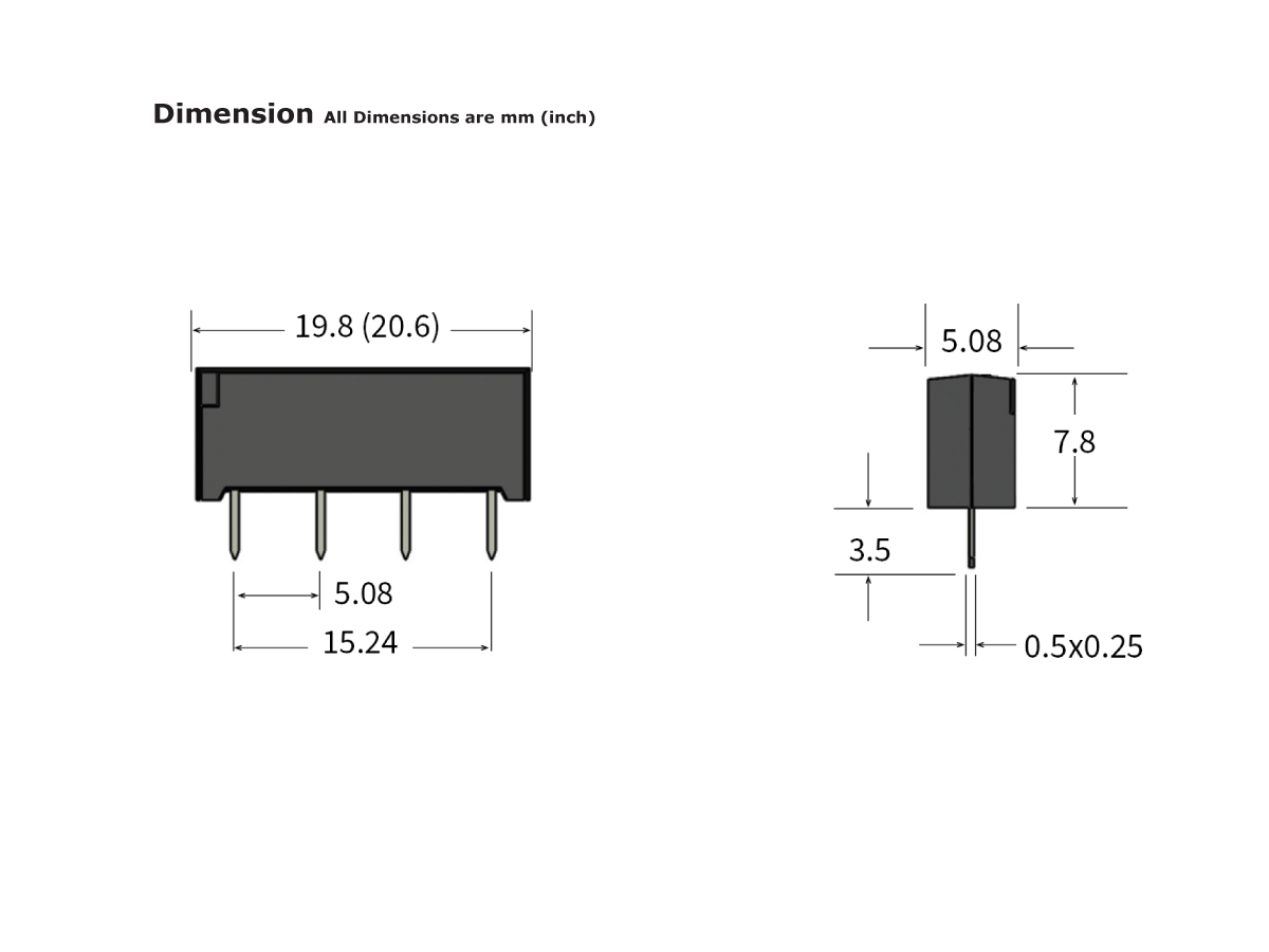 Technical drawing of a SIL Series Reed Relay showing dimensions: 19.8 mm length, 7.8 mm height, 5.08 mm pin spacing, 3.5 mm width, and 0.5x0.25 mm pin size. All measurements in mm (inches in parentheses). by Standex Detect