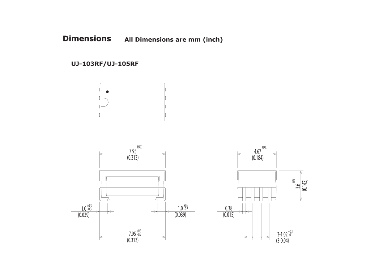 Technical drawing of a U Series Reed Relay (UJ-103RF/UJ-105RF) with top, front, and side views, showing detailed measurements in millimeters and inches for height, width, and pin spacing. by Standex Detect