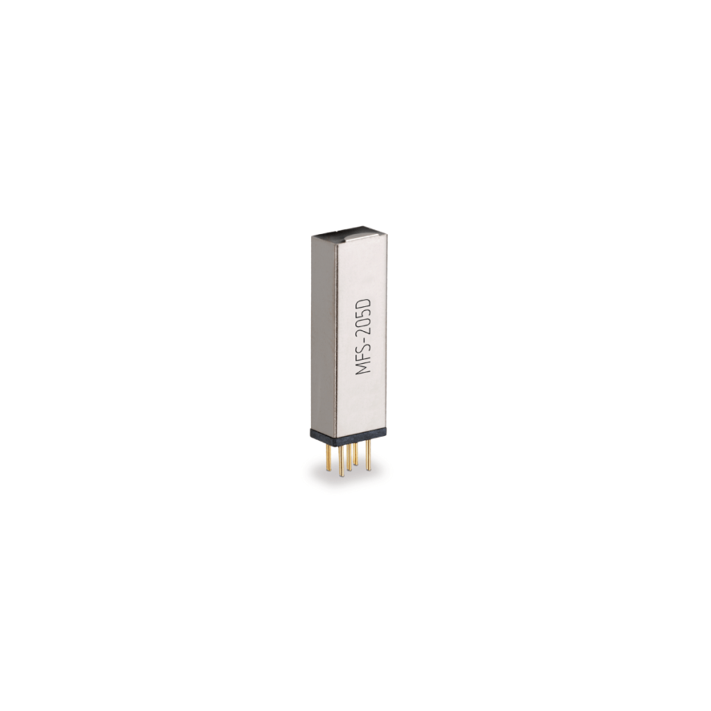 A rectangular metal electronic component with the label MFS-205D on its side, featuring four gold pins extending from the bottom, isolated on a white background—ideal for use in High Density Matrix Relays. by Standex Detect
