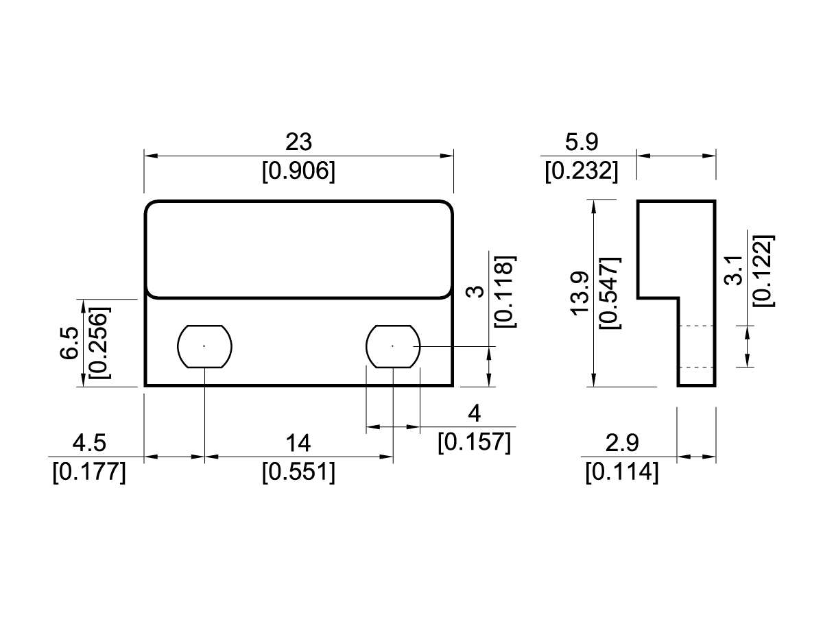 Technical drawing of a rectangular M04 Series Magnet component with two circular holes. Dimensions in millimeters and inches include overall size (23x6.5 mm), hole spacing, and detailed side views. by Standex Detect