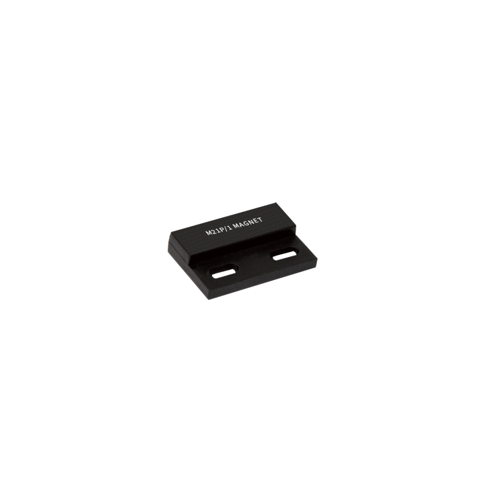 A small black rectangular magnetic sensor bracket from the M21P Series Magnet line, featuring two horizontal mounting holes and R12/IP MAGNET printed on the top surface, shown against a white background. by Standex Detect