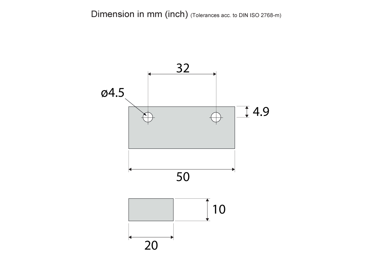 Technical drawing of a rectangular metal plate for the M27 Series Magnet, with two 4.5 mm holes 4.9 mm from the top edge. Top view: 50 mm x 32 mm; side view: plate is 20 mm wide and 10 mm tall. by Standex Detect