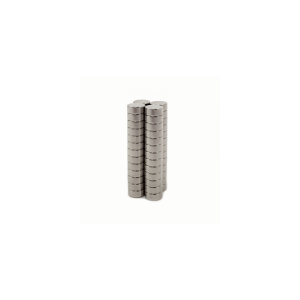 Two vertical stacks of small, round, silver-colored Neodymium Magnets are arranged side by side on a white background. by Standex Detect