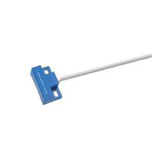 A blue rectangular MK02 series electronic reed sensor with a white cable attached, displayed against a white background. by Standex Detect
