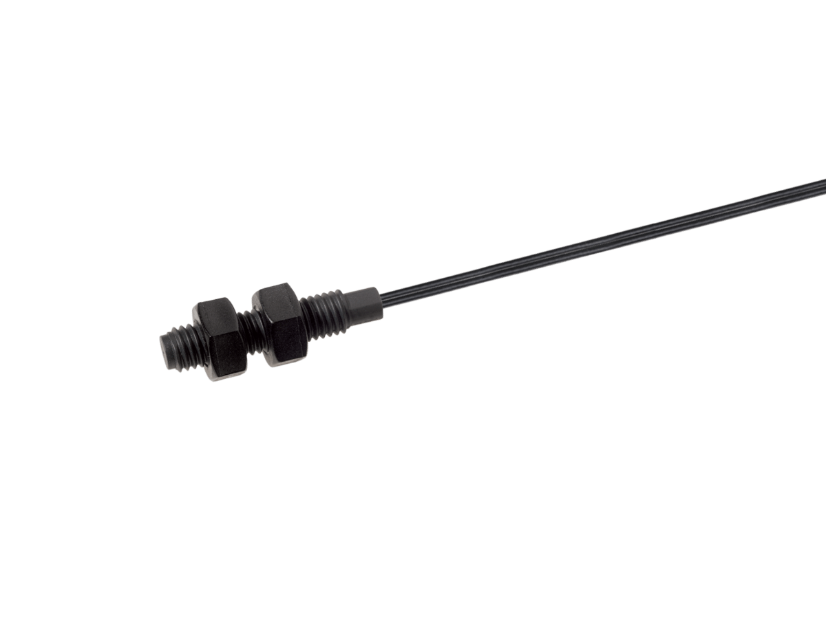 A black cable with a threaded plastic connector from the MK11 Plastic Series and two hex nuts, positioned horizontally against a white background. by Standex Detect