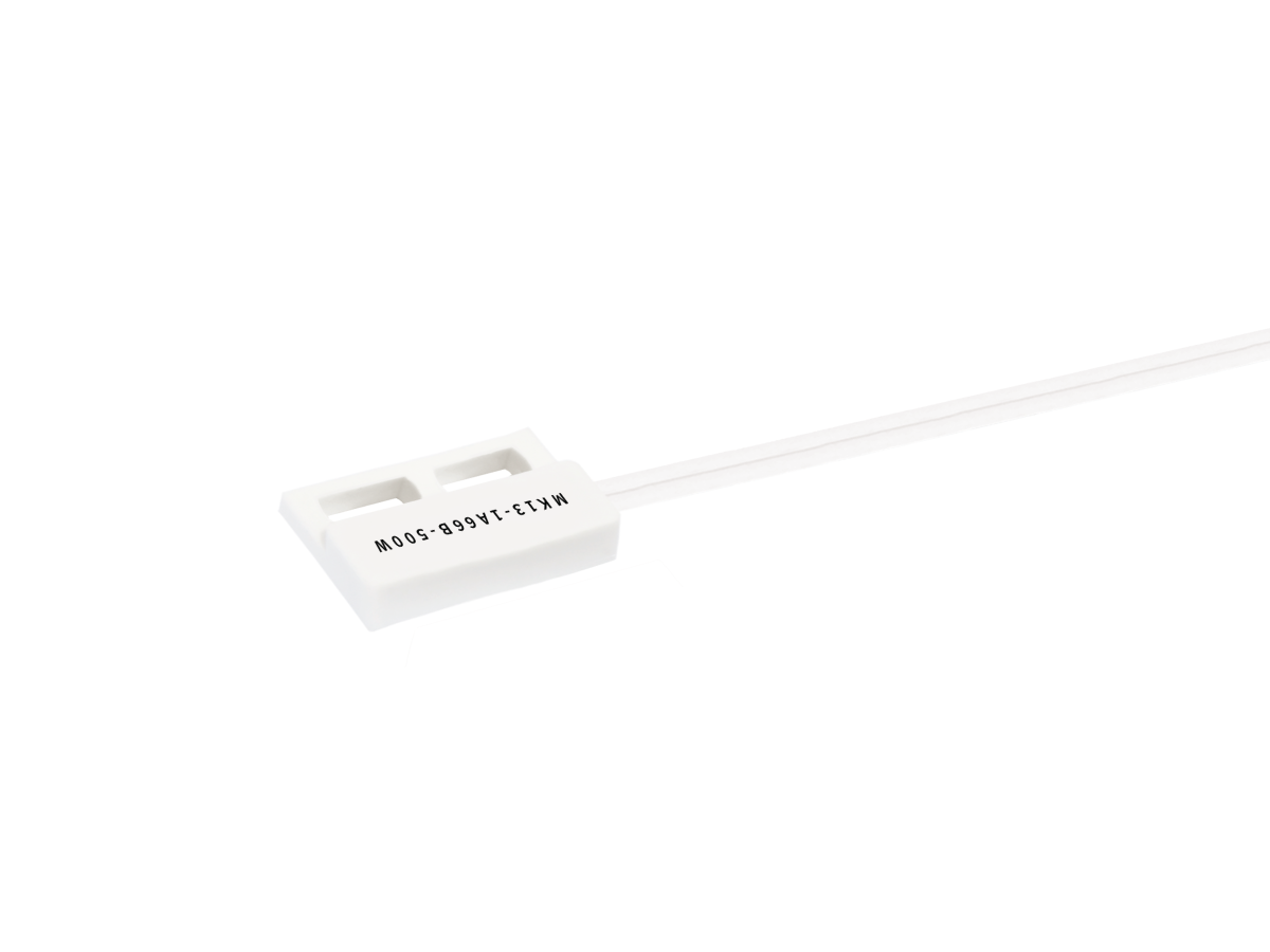 A white MK13 Series electrical connector with two wires attached, featuring printed text MA13-1A66S-500W on the connector body, isolated on a white background. Ideal for use with Reed Sensor applications. by Standex Detect