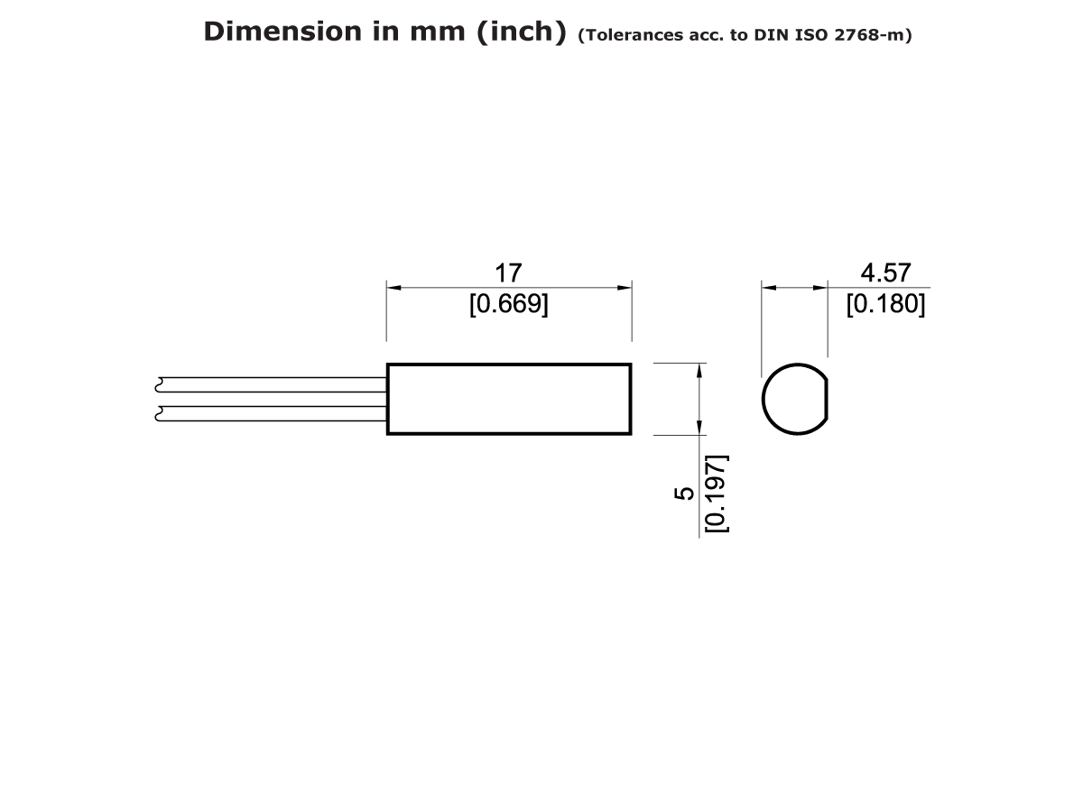Technical drawing of an MK18 Series cylindrical electronic component (Reed Sensor) with three leads, showing side and end views. Dimensions: length 17 mm (0.669 in), diameter 4.57 mm (0.180 in), height 5 mm (0.197 in). by Standex Detect
