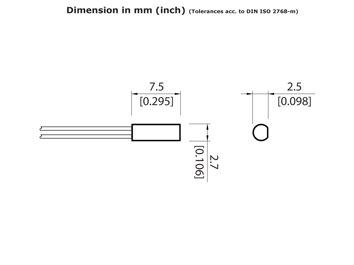 Technical drawing of a MK20/2 Series cylindrical Reed Sensor with two leads. The length is 7.5 mm, diameter is 2.7 mm, and lead spacing is 2.5 mm. Dimensions are labeled in both millimeters and inches. by Standex Detect