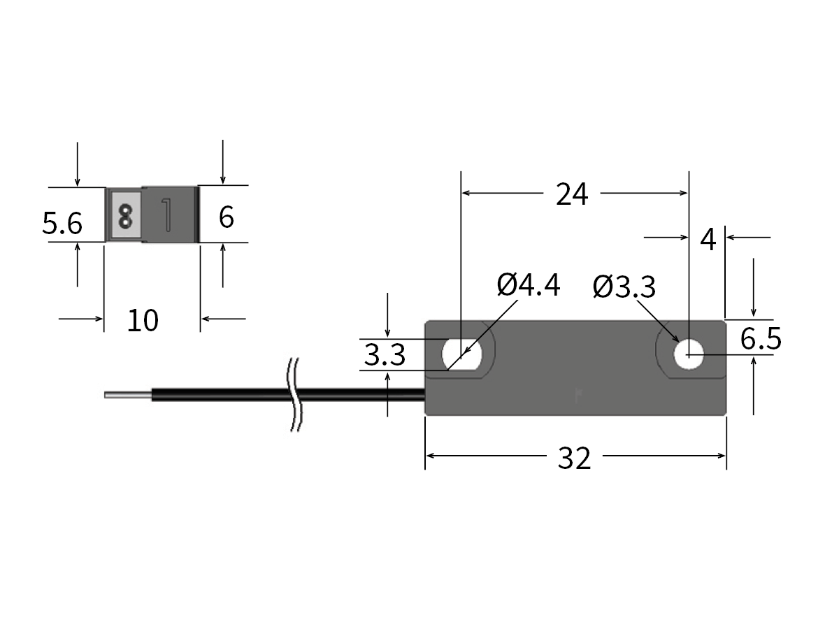 Technical drawing of an MK26 Reed Sensor with dimensions: 32mm length, 6.5mm height, 6mm depth, and mounting hole diameters of 4.4mm and 3.3mm. Cable extends from one side; detailed measurements are labeled. by Standex Detect