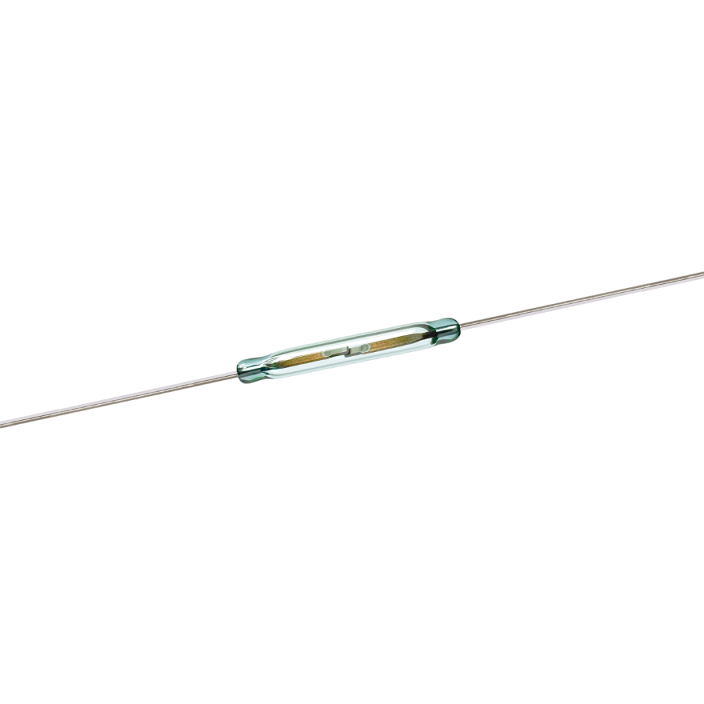 A close-up of a glass High Power Reed Switch with two long metal leads extending from each end. The switch consists of two thin metal reeds sealed inside a small, clear glass tube. by Standex Detect