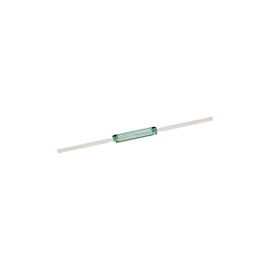A small cylindrical glass reed switch from the KSK-1A35 Series with two metal leads extending horizontally from both ends on a white background. by Standex Detect
