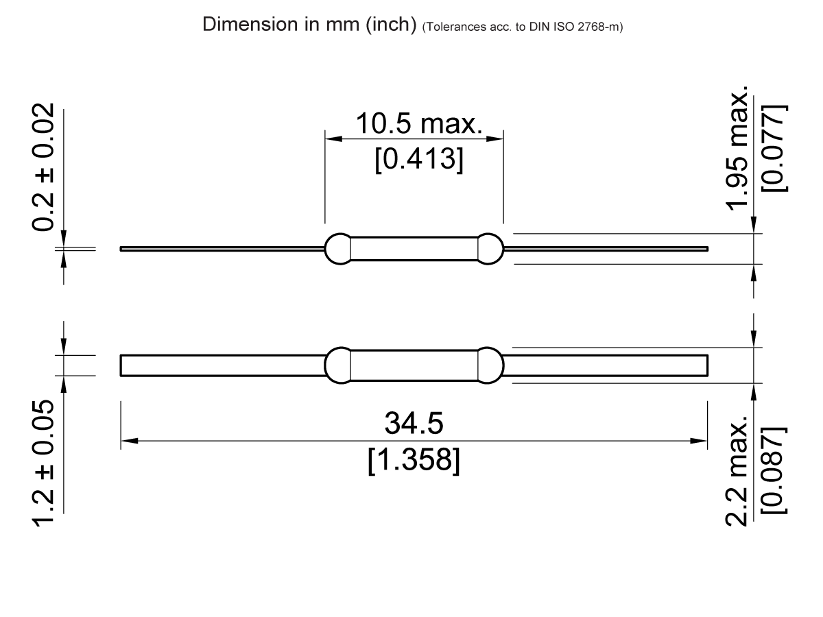 Technical drawing of a KSK-1A35 Series cylindrical Reed Switch with two leads, showing dimensions: 10.5 mm max center length, 34.5 mm overall, 1.2 mm max diameter, and 1.95 mm max height. Dimensions in mm and inches. by Standex Detect