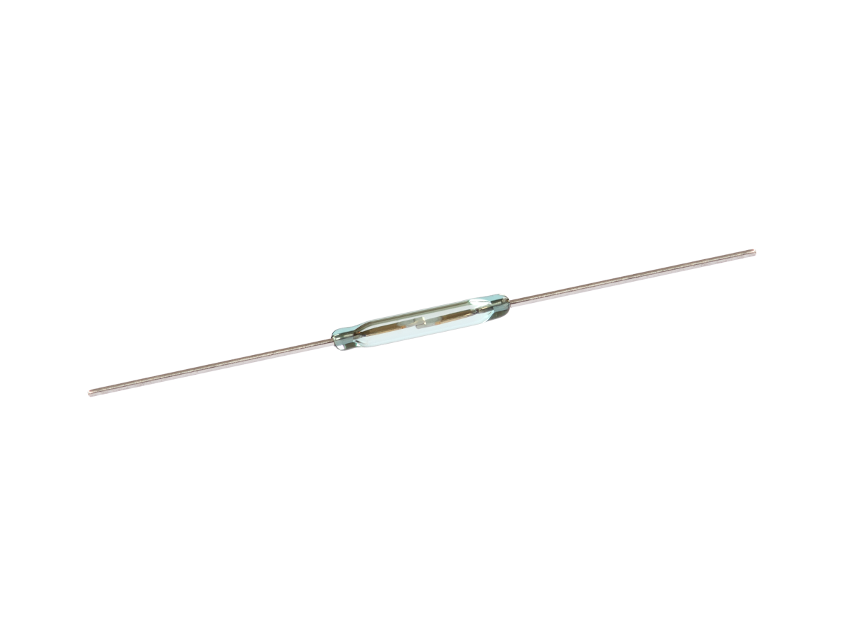 A small glass Reed Switch with thin metal wires extending from both ends, used as an electrical switch operated by a magnetic field. Part of the KSK-1A46 Reed Switch Series. by Standex Detect