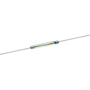 A small glass tube containing metal reeds, with thin metal wires extending from both ends. This is a KSK-1A52 Series Reed Switch, commonly used as an electrical component for detecting magnetic fields. by Standex Detect