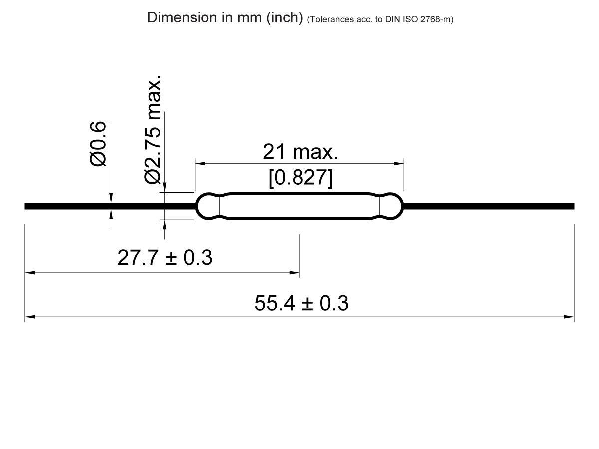 Technical drawing of a KSK-1A52 Series Reed Switch, featuring a cylindrical component with a 2.75 mm max diameter, 21 mm max length, and leads extending to 55.4 ± 0.3 mm overall; lead diameter is 0.6 mm. by Standex Detect