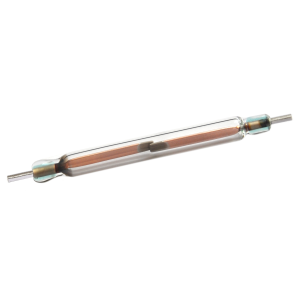 A glass cylindrical Reed Switch, such as the KSK-1A54 Series, features two metal leads protruding from each end and a pair of thin metal strips visible inside the tube. by Standex Detect
