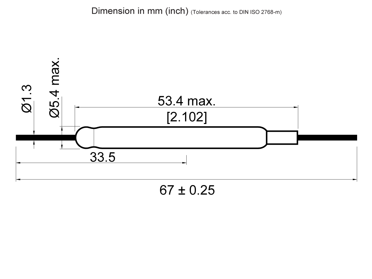 Technical drawing of a KSK-1A54 Series reed switch: cylindrical component with wires on both ends; dimensions include 67 mm ± 0.25 total length, 53.4 mm max body length, 33.5 mm internal length, and body diameters of 1.3 mm and 5.4 mm. by Standex Detect