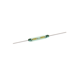 A small cylindrical glass KSK-1A55 Series reed switch with metal leads extending from both ends, set against a white background. The internal metal contacts are visible inside the glass tube. by Standex Detect