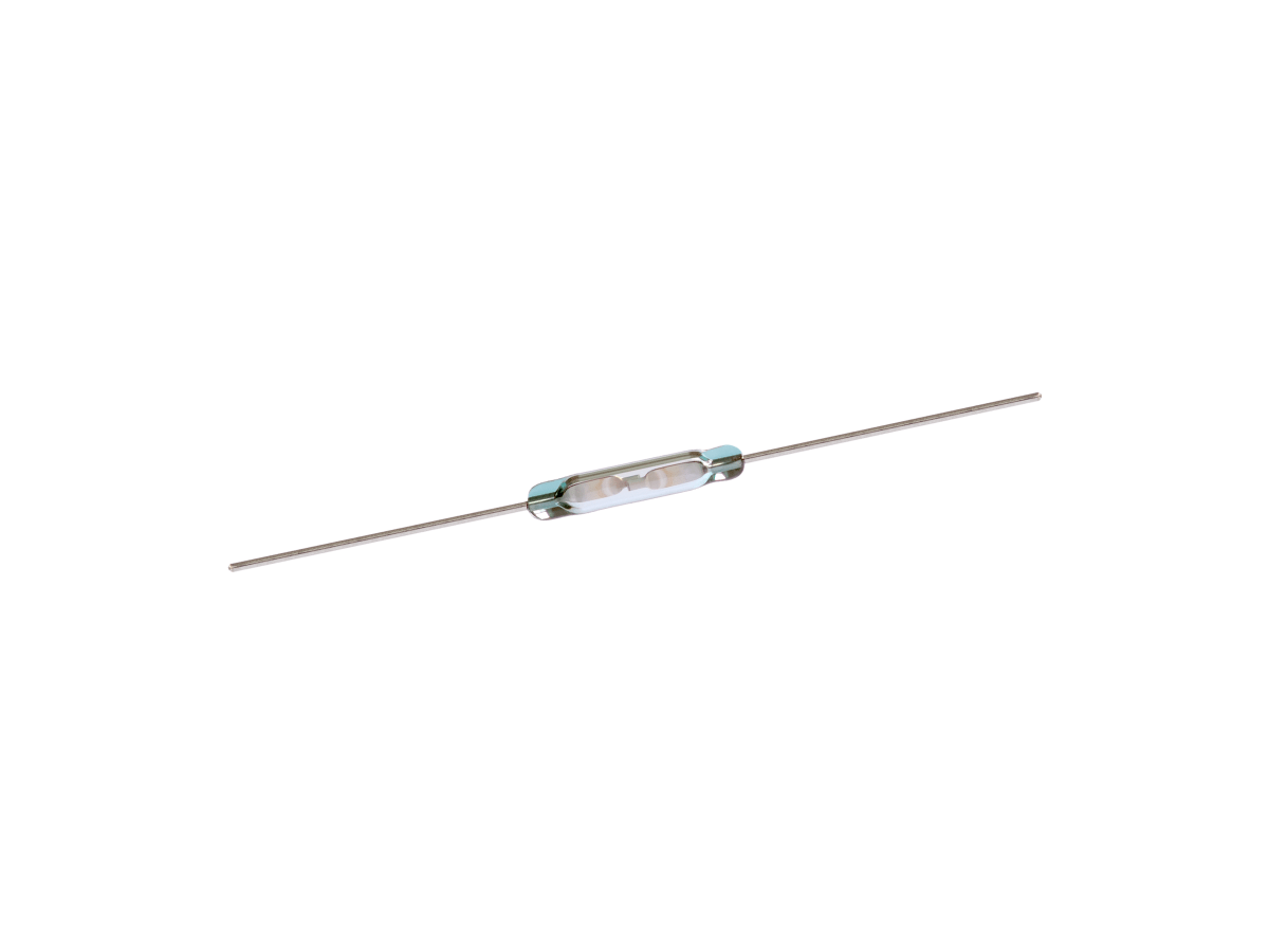 A small glass cylindrical electronic component, such as the KSK-1A87 Series Reed Switch, with two long metal leads extending from each end, isolated on a white background. by Standex Detect