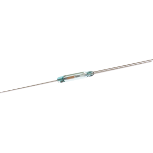 A small KSK-1C90U Series reed switch with thin metal wires extending from both ends, used for detecting magnetic fields in electronic circuits. by Standex Detect