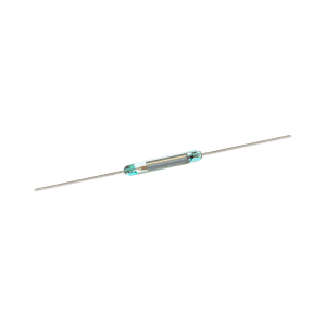 A small KSK-1E66 Reed Switch with two long metal leads extending from each end, isolated on a white background. by Standex Detect