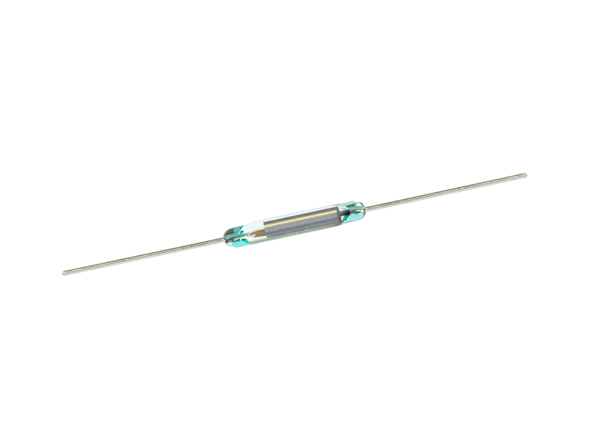 A small KSK-1E66 Reed Switch component with metal wires extending from both ends; the glass tube contains two metal strips inside. The background is white. by Standex Detect
