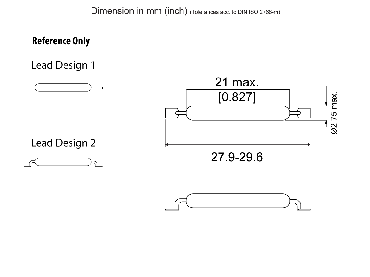 Technical drawing of the MK23-52 Surface Mount Reed Switch, a cylindrical component with two lead designs. Dimensions: length 27.9–29.6 mm, diameter 2.75 mm, max overall length 21 mm. All measurements labeled in mm and inches. by Standex Detect