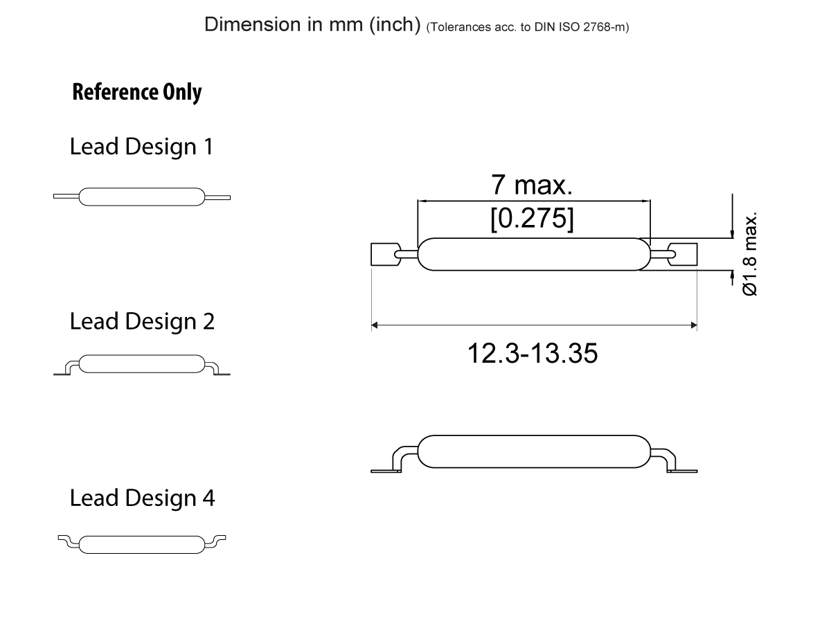 Technical drawing displays four lead designs for a cylindrical MK23-80 Reed Switch. Main diagram specifies 7mm max length, 1.8mm max diameter, and an overall length of 12.3mm to 13.35mm. Text reads Reference Only. by Standex Detect