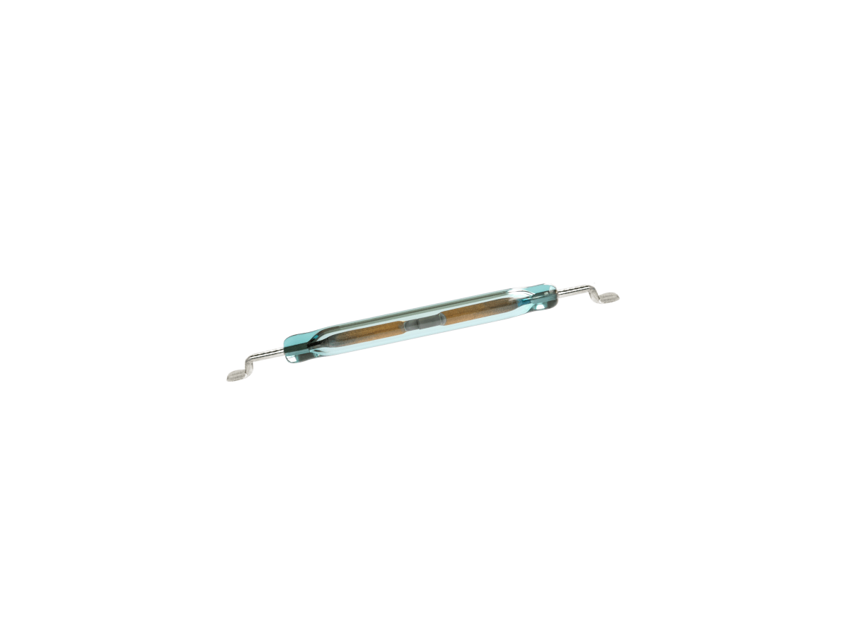 A small glass MK23-85 Reed Switch with two metal terminals extending from each end, and thin contacts visible inside the transparent tube. The switch is isolated on a white background. by Standex Detect