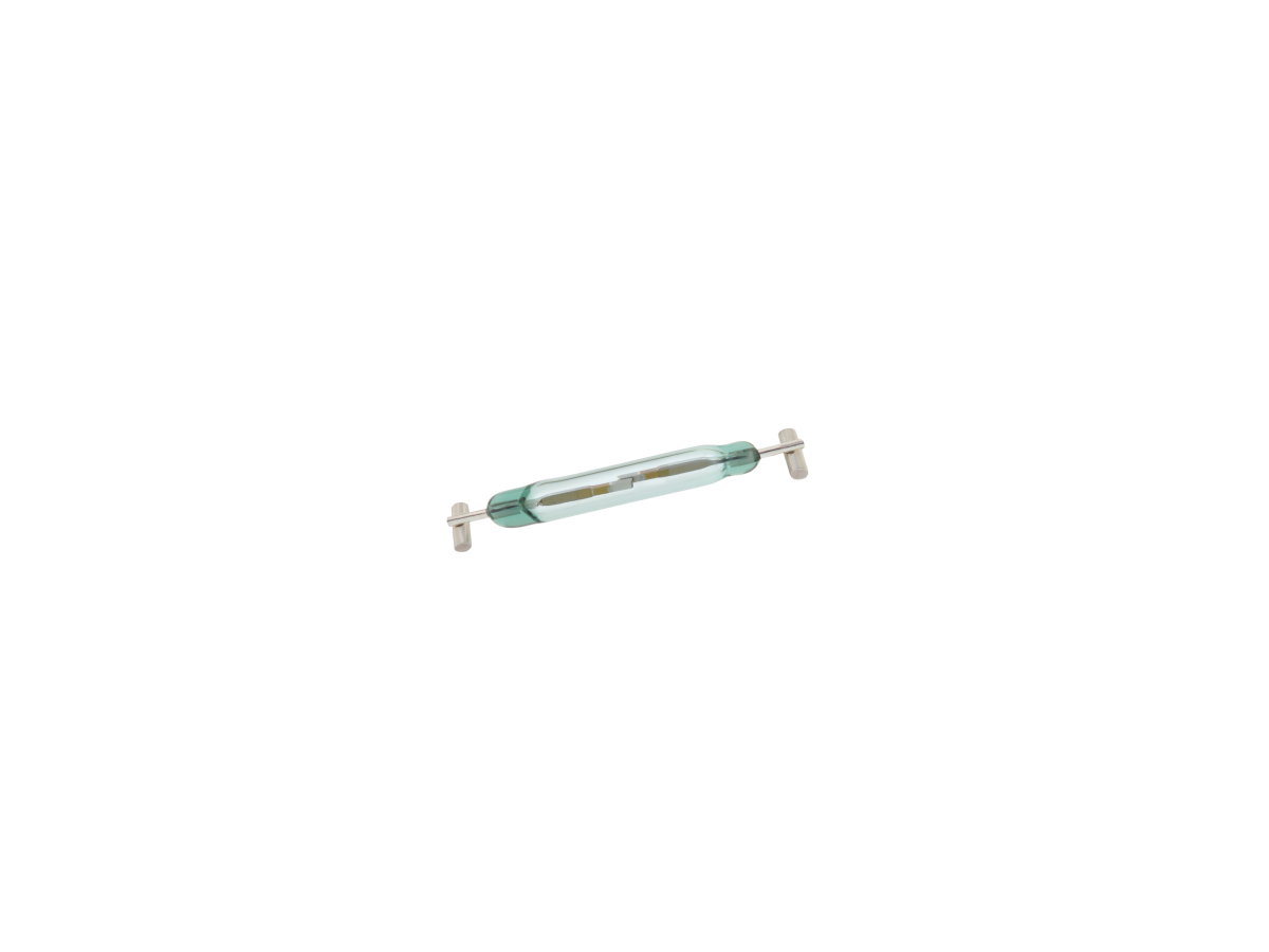 A small glass tube fuse with metal caps on both ends and a thin wire visible inside, similar in appearance to an MK33-66 Surface Mount Reed Switch, isolated on a white background. by Standex Detect