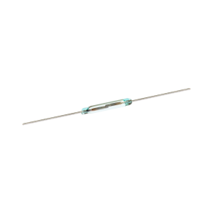 A small glass Reed Switch from the ORD228VL Series with two long metal leads extending from each end, isolated on a white background. by Standex Detect