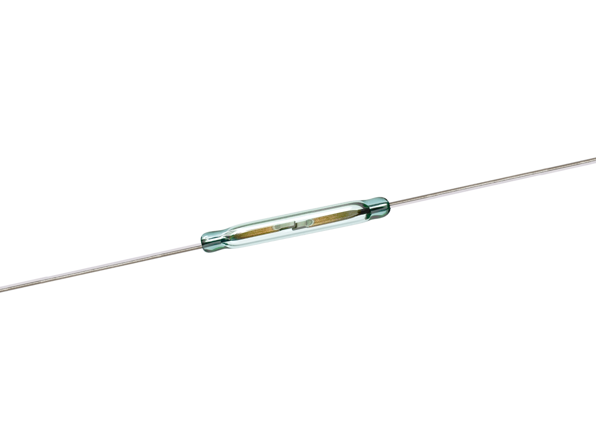 A glass ORD229 Series reed switch with two long metal leads extending from each end, showing the internal contacts inside the transparent cylindrical glass body. by Standex Detect