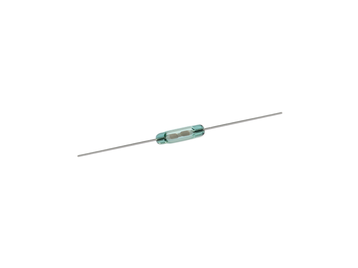 A small glass ORD311 Series reed switch with two metal leads extending from each end, isolated on a white background. by Standex Detect