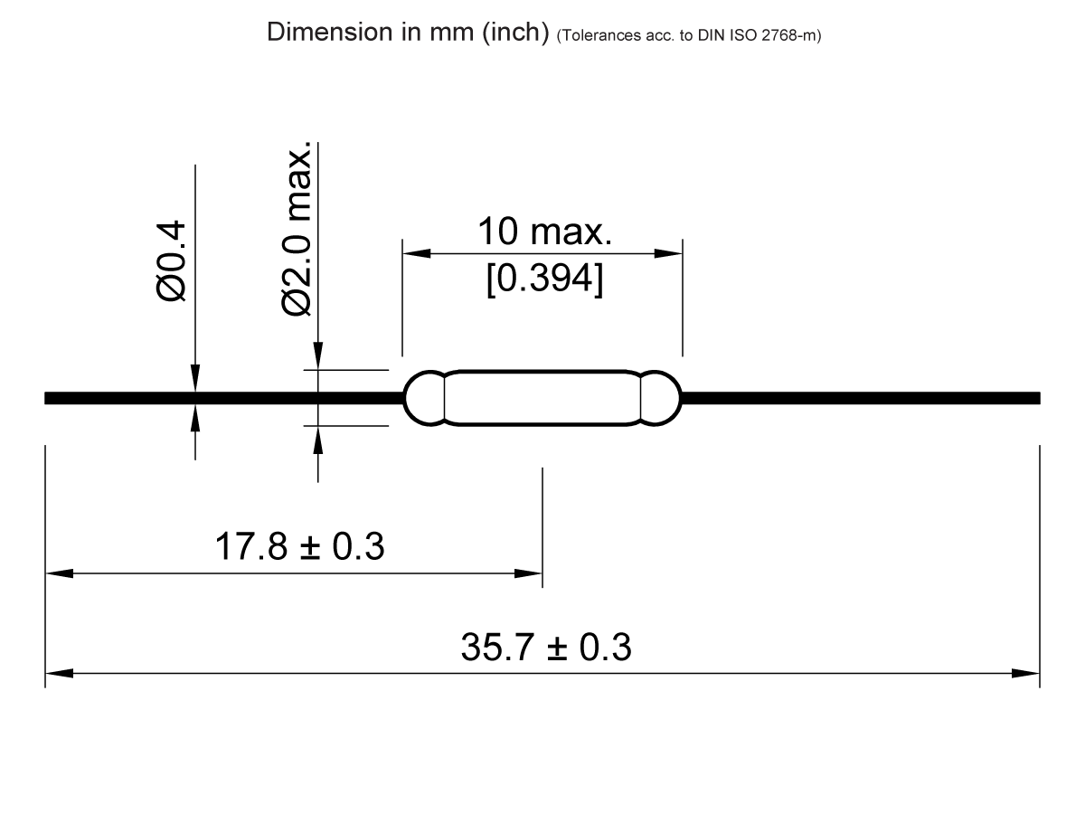 Technical drawing of a cylindrical Reed Switch from the ORD611 Series, with labeled dimensions: diameter 2.0 mm max, length 10 mm max, lead diameter 0.4 mm, overall length 35.7 mm ± 0.3, and body length 17.8 mm ± 0.3. by Standex Detect