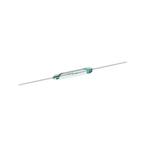 A small glass Reed Switch from the ORD9215 Series with thin metal leads extending from both ends, positioned diagonally on a white background. by Standex Detect